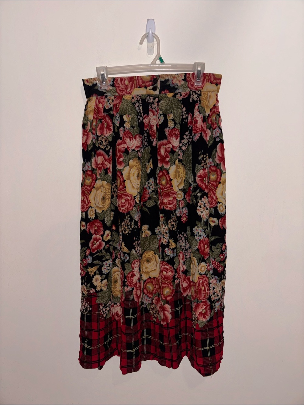 JG Hook Floral Midi Skirt with Red Plaid Trim